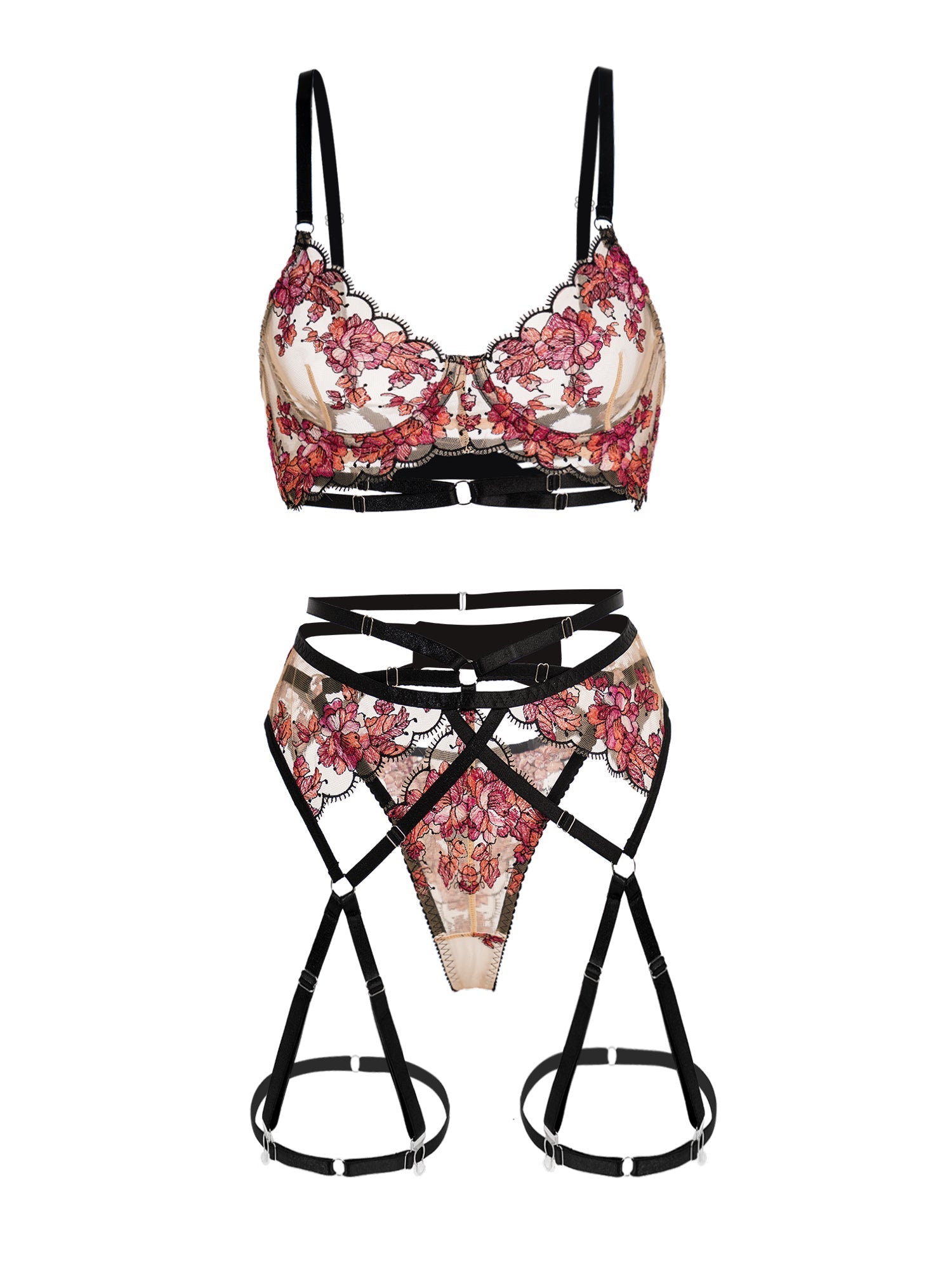Floral Sheer Lace Lingerie Set Three Piece With Garter Belt Hello.LA.Girl